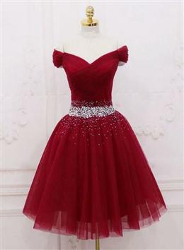 Picture of Adorable Dark Red Color Homecoming Dresses , Tulle Off the Shoulder Party Dresses